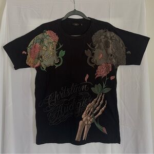 Christian Audigier Black Tee with Floral and Skull Art with Rhinestones